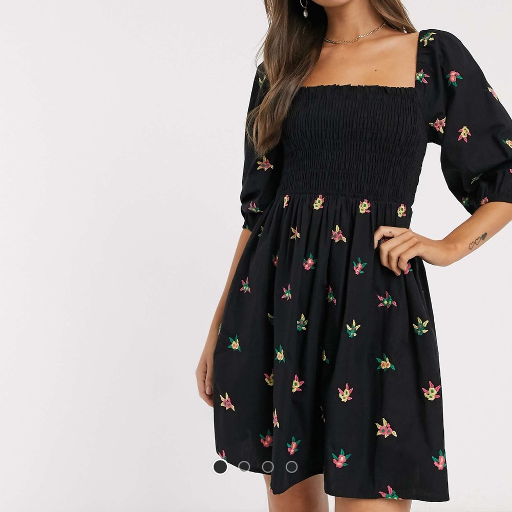 ASOS DESIGN shirred mini dress with all over embroidery in black square neck